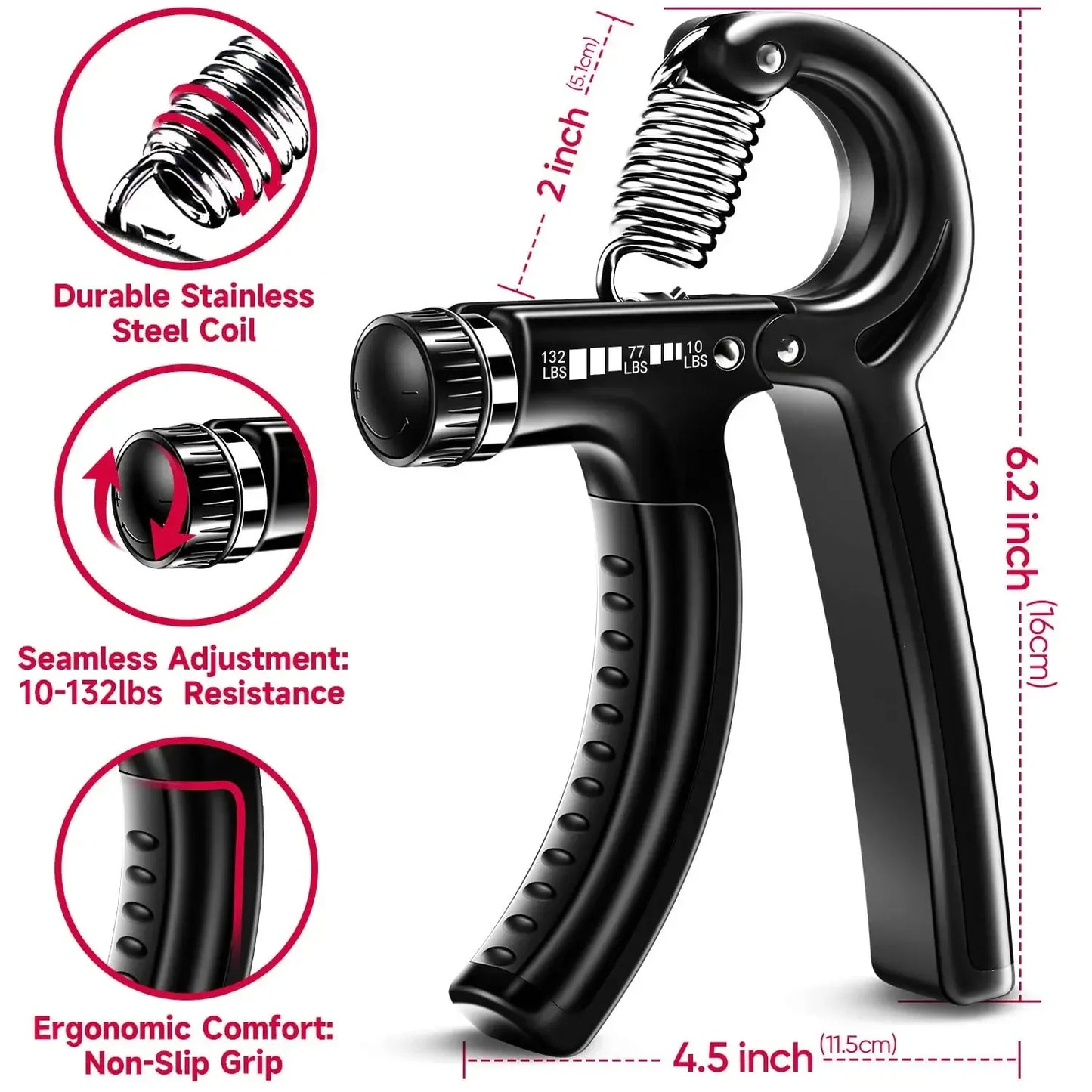 5-60Kg Adjustable Grip Strength Trainer with Finger Exerciser Hand Grip